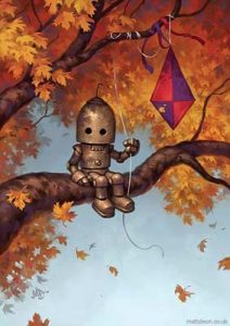 bambino robot sul ramo di un albero in autunno, con in mano un aquilone
